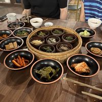 Main dishes with hot pot of rice  at SanChon Korean Temple Cooking - 산촌 사찰음식전문점 in Seoul