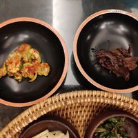 Spicy pickled cucumbers and some unpleasant dark red leafy things at SanChon Korean Temple Cooking - 산촌 사찰음식전문점 in Seoul