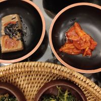 Carrots (I think) in a spicy sauce and some sesame tofu at SanChon Korean Temple Cooking - 산촌 사찰음식전문점 in Seoul
