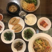 Bibimbap, Veg noodles and dumplings.  at SanChon Korean Temple Cooking - 산촌 사찰음식전문점 in Seoul