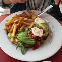 A vegetarian sandwich with avocado, served with French fries! at The Laundromat Cafe in Copenhagen