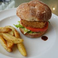 Katsu burger with fried potato. No flavour at DevaDeva Cafe in Tokyo
