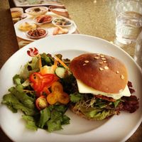 Vegetarian 'chicken' cheese burger with salad at DevaDeva Cafe in Tokyo