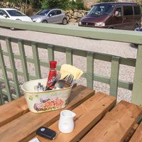 Apple Tree Vegan Friendly Cafe outdoor Seating area (and my VDub Campervan)  at Apple Tree Cafe in Trevescan