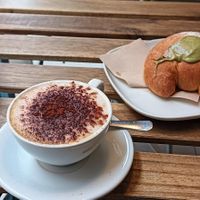 Cappuccino di avena e brioche con crema di pistacchio at Fram Cafe in Bologna