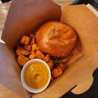 Burger with sweet potato fries at Copper Branch in Brossard