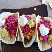 Tacos Pura vida (w/vegan chicken, beans, mango salsa, slaw, guac, vegan sour cream at Copper Branch in Brossard