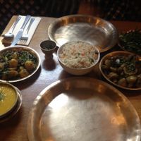 Vegan meal of three vegetable dishes, special rice and dhal (shared between 2). at Yak Yeti Yak in Bath