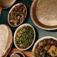 Cauliflower & green peas, Butternut squash & black chickpeas, Chyauko Tarkari (mushrooms in spices), Nepalese style fried rice, Black lentil dal and poppadoms at Yak Yeti Yak in Bath