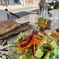 Vegan plate: hummus and falafel   at Cafe Bagdad in Safed