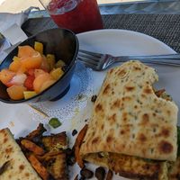 Veggie wrap with fruit salad and raspberry tea at Cafe Lush in Albuquerque