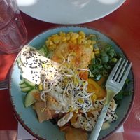 Cross bowl with tofu, kimchi, rice, vegan mayo, sprouts and veggies at Kavarna Klubu Cross in Prague