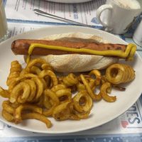 Hotdog and curly friess  at Blondes in Cottingham