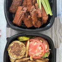 “Crab” cake sammich and buffalo seitan wings!  at The Mad Batter in Cape May