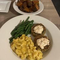The vegan crab cake entree and seitan “hot” wings   at The Mad Batter in Cape May