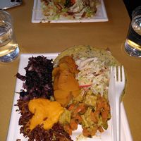 Radish, rice, tempeh, carrot and ginger sauce, pumpkin, salad and a chickpea pancake! at Mangia la Foglia Bio  in Parma