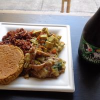A lunch: lentil burger, herb red rice, tofu in an herb / veggie sauce, seitan with creamy onions, and an organic red ale beer. at Mangia la Foglia Bio  in Parma
