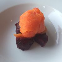Red pepper sorbet on beets and apricots. at Sammy's by Culinary Forward in San Pawl Il-bahar