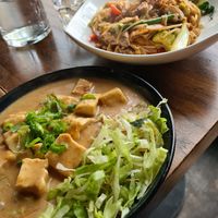 Tofu Sate and fried rice noodles with veggies, seitan and tofu at Soy in Berlin