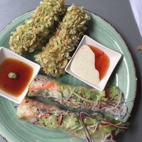Fried tofu with green rice flakes and Vietnamese roll  at Soy in Berlin