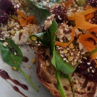 Smashed avo - with dukkah, crispy sweet potato, beetroot and yay! Vegan feta at Livefast Cafe in Halls Gap