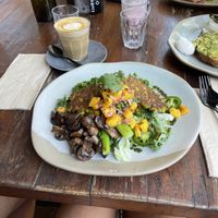 Corn fritters with extra mushrooms  at Livefast Cafe in Halls Gap