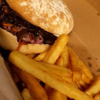 Pulled mushroom burger (yum) at Livefast Cafe in Halls Gap