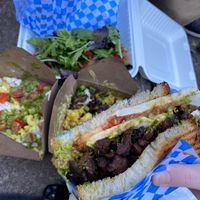 Caprese sandwich with soy curls, caprese mac, and whiskey business mac at Fru Fru Terra in Portland