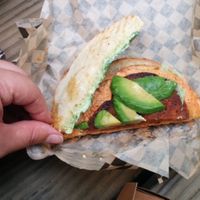 Pepperoni melt topped with avocado  at Fru Fru Terra in Portland