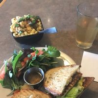 Mac and cheese, Buffalo berry sandwich with added cheese, herbal uplift kombucha on tap. at Fru Fru Terra in Portland