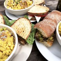 Buffalo Berry (left), Philly Cheesesteak (right), Caprese (back) sandwiches with CUP size of Mac & Cheese at Fru Fru Terra in Portland