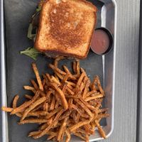 Mushroom Melt and fries   at Crooked Ewe Brewery and Ale House in South Bend