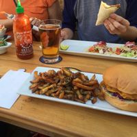 fish sandwich on the patio at The Buckingham in Edmonton