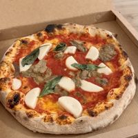 Vegan Margherisa with mushrooms added  at Pizzeria Prima O Poi  in Rimini