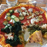 Quattro stagioni pizza—zucchini, artichoke, spinach, and I can’t remember the 4th at Pizzeria Prima O Poi  in Rimini