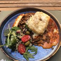 Moussaka vegan (lunch-menu with starter salad for 11,90€) at BodhiGreen Vegetariano in Alicante
