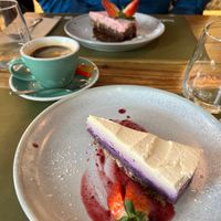 Ombré cake and strawberry/chocolate cakee  at BodhiGreen Vegetariano in Alicante