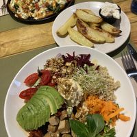 Super energy bowl and potato wedges with Vegan mayo  at BodhiGreen Vegetariano in Alicante