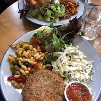 thai burger and pakora with salads - so yum!! at Henderson's Vegan in Edinburgh