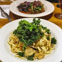 Pasta with bacon tofu, wild mushrooms and kale at Henderson's Vegan in Edinburgh