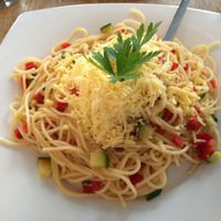 spaghetti with vegan cheese  at Dellago in Vienna