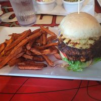 Black bean burger and sweet potato fries at Gas Full Service Restaurant  in St Augustine