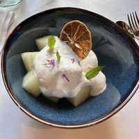 Melon with coconut mousse  at El Montanes in Biescas