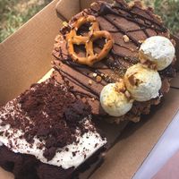 Cookies and cream brownie and choc mousse pretzel tart at Smith & Deli in Collingwood