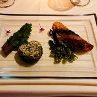 Eggplant, edamame and green peas served with hemp seeds and flatbread at Tudore Tranquility in Tokyo