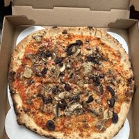 Vegan Pizza (comes with Kalamata olives, onions and mushrooms as toppings) Extra baked+ no oil   at Flatbread Company in Portsmouth