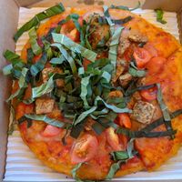 Vegan pizza with sausage at Amy's Drive Thru in Rohnert Park