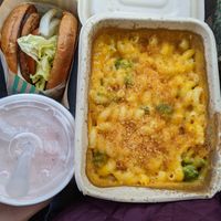 Strawberry shake, vegan burger, vegan broccoli mac and cheese at Amy's Drive Thru in Rohnert Park