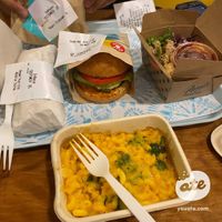 Burger, super salad, vegan mac, burrito, cinnamon roll at Amy's Drive Thru in Rohnert Park
