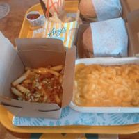Chili fries, mac & cheese, and vanilla milkshake with two burgers   at Amy's Drive Thru in Rohnert Park